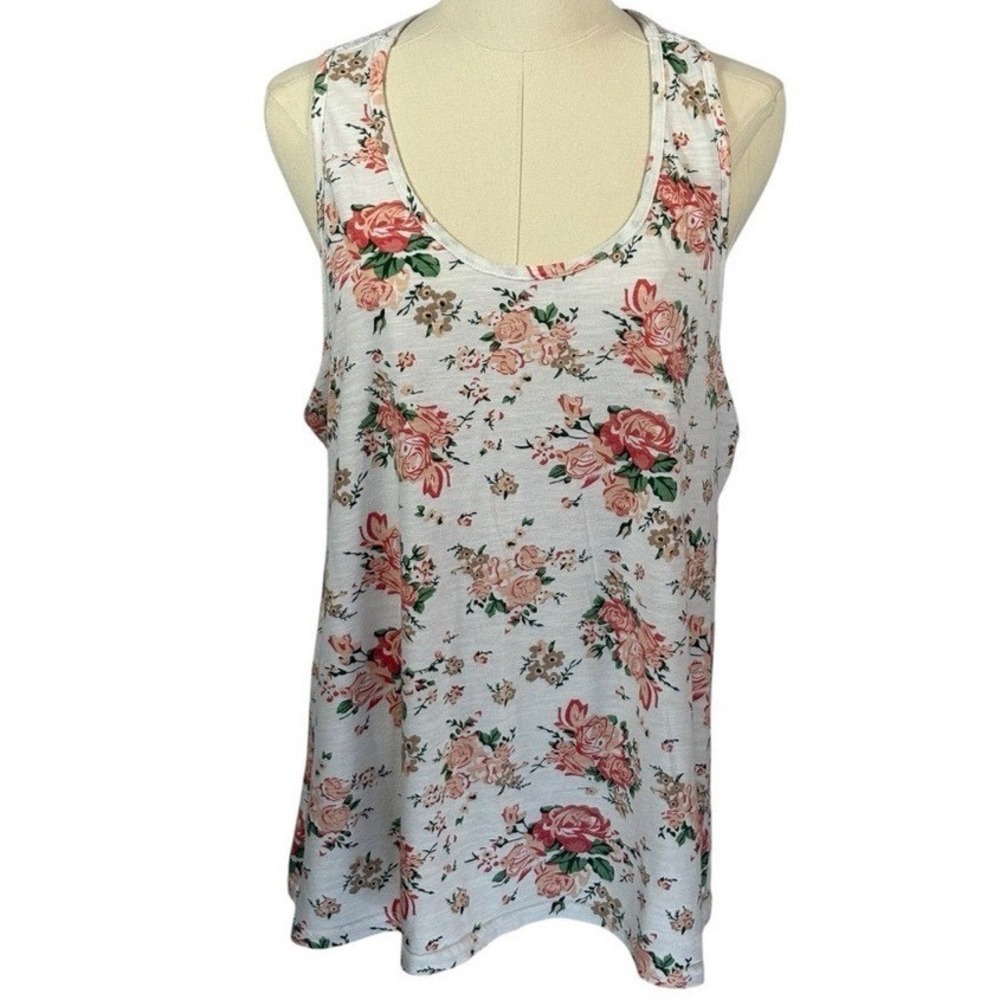 Bobbie Brooks White Racerback Tank Top w/ Pink Floral Pattern & White Lace (1X)